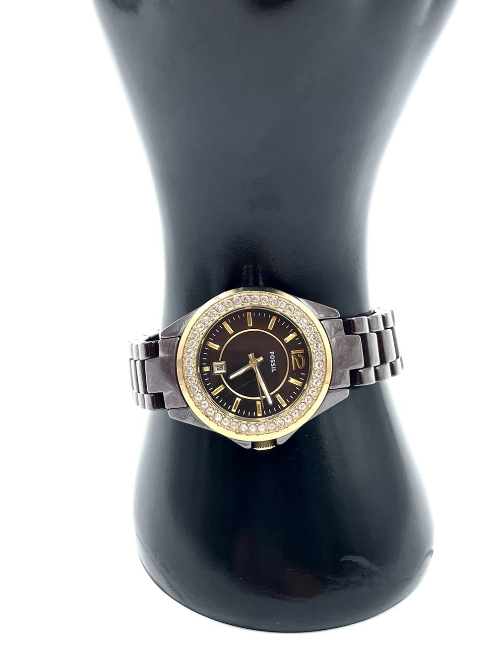 Fossil Women's Brown Dial Watch with Gold Crystal Bezel